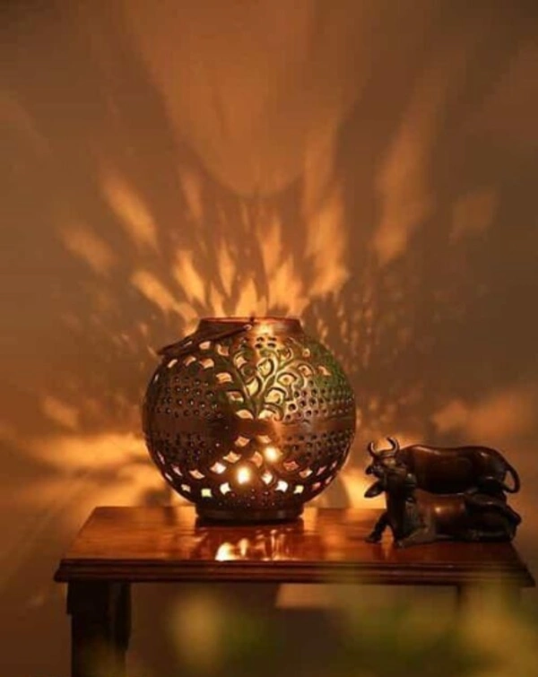 Antique Copper Iron Lantern With Handle In Green Patina Finish (Dia - 8in, H - 7.5in) - Free Size, Metal, Antique, Pack of 1